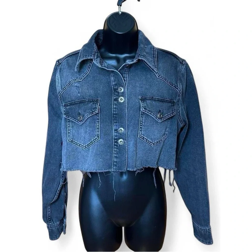 Free People Black Washed Cropped‎ Denim Jacket
